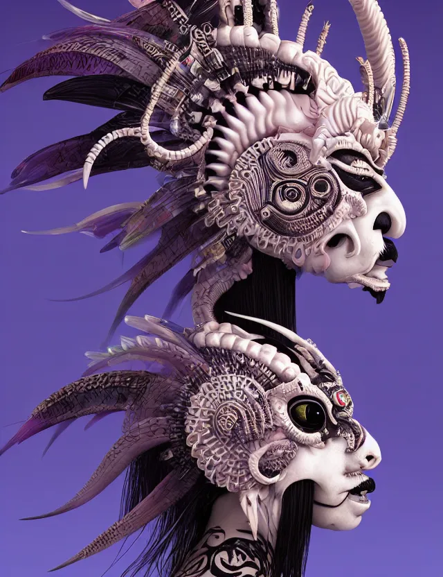 Image similar to 3 d goddess close - up profile portrait punk with mohawk with ram skull. beautiful intricately detailed japanese crow kitsune mask and clasical japanese kimono. betta fish, jellyfish phoenix, bio luminescent, plasma, ice, water, wind, creature, artwork by tooth wu and wlop and beeple and greg rutkowski