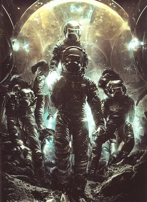 Image similar to astronauts in dark and empty void underwater - complex and hyperdetailed technical suit. reflection and dispersion materials. rays and dispersion of light. volumetric light. 5 0 mm, f / 3 2. noise film photo. flash photography. ultra realistic, wide angle. poster by wayne barlowe, hajime sorayama aaron horkey, craig mullins