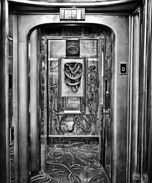 Image similar to horrifying full color photorealistic image an old hotel elevator lobby, elevator doors look like a mouth, with a tentacle - shaped tongue, licking out, dark, atmospheric, brooding, smooth, finely detailed, cinematic, epic, in the style of lee gibbons