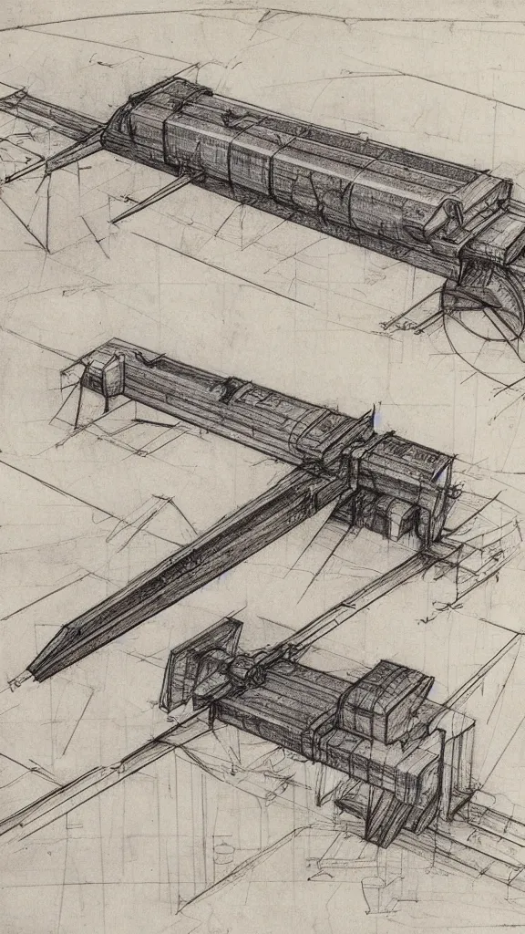 Image similar to Leonardo da Vinci sketch of a futuristic railgun, pencil sketch, schematics