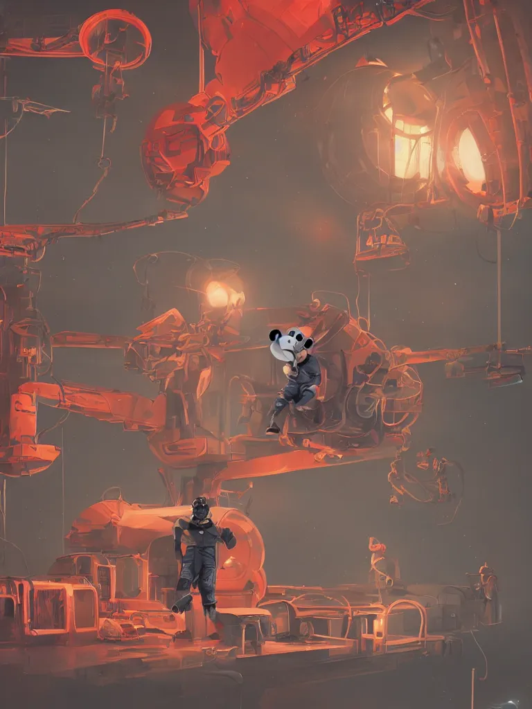 Image similar to graphic art of dystopian futuristic 1 0 mechanic surgeons in space suits, operate on a huge mickeymouse!! severedhead!!!! held by a crane. ominous glowing red netflix!!! sign in the background, trending on art station, beeple!!, clean concept art, smooth, octane render