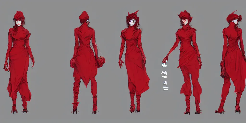 Prompt: lady in red, character sheet, concept design, contrast, kim jung gi, greg rutkowski, zabrocki, karlkka, jayison devadas, trending on artstation, 8 k, ultra wide angle, pincushion lens effect