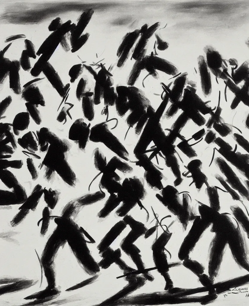 Image similar to a beautiful painting of running soldiers in el alamein battle, wwii,, black and white, painted by laszlo moholy nagy