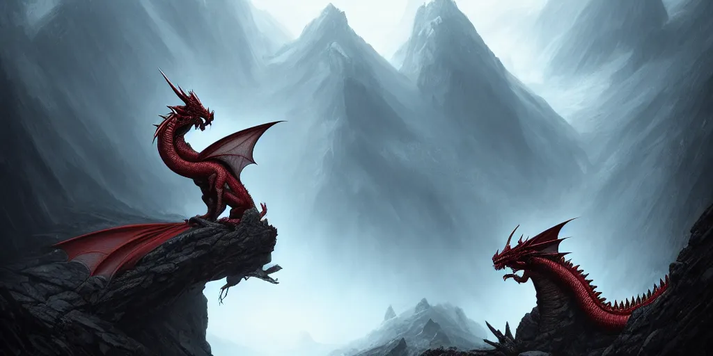 Prompt: red dragon standing on summit of a mountain, forest and valley below, ultra high definition, ultra detailed, symmetry, god rays, sci - fi, dark fantasy, by greg rutkowski