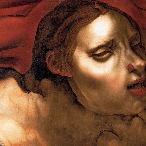 Prompt: scared woman staring up, high detail painting by michelangelo