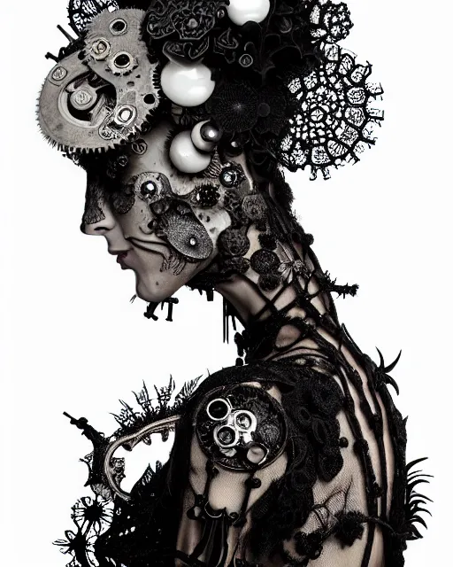 Image similar to surreal dark black and white photo portrait of complex bio-mechanical beautiful young female vegetal-cyborg with a Mandelbrot fractal steampunk metal fine lace face, a very long neck and a fine metal floral foliage super big lace collar by Alexander McQueen:: smoke, high fashion, haute couture, rococo, steampunk, silver filigree details, anatomical, facial muscles, cable wires, microchip, elegant, dreamy, foggy atmosphere, hyper realistic, 150 mm lens, soft rim light, octane render, unreal engine, picture was taken in 1910 by Man Ray, volumetric lighting, dramatic light,8k,