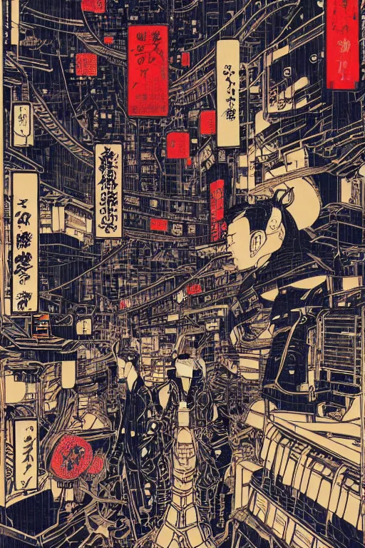 Image similar to futuristic japanese cyberpunk bladerunner silk screen by utagawa yoshiiku, ohara koson, pixiv contest winner, cyberpunk style, cyberpunk color scheme, mechanical, robotic, human machine interface, high resolution, hd, bold clear lines