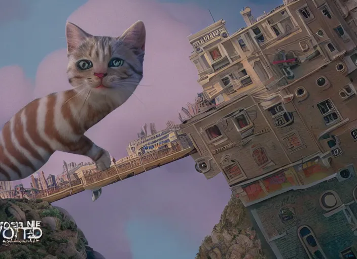 Prompt: A very high resolution image from a new movie, stop motion, about a cat from a musical to a digital space opera, Animated film, volumetric lighting, octane render, directed by wes anderson, Vladimir kush, m.c. Escher, Peter morchaber