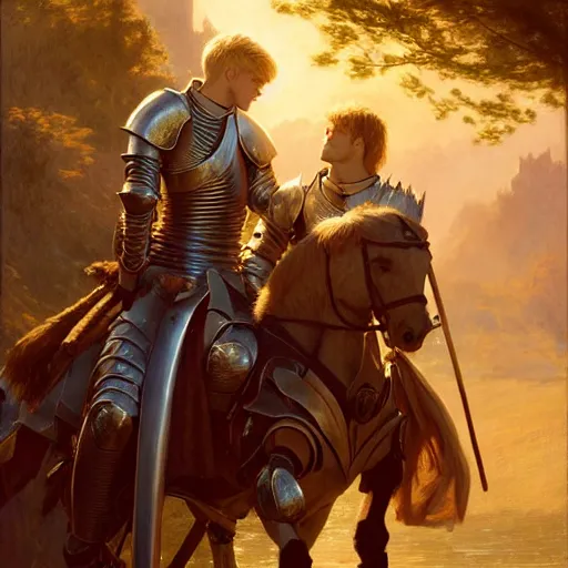 Image similar to attractive arthur pendragon and his favourite attractive male knight, they are in love, camelot, natural lighting, path traced, highly detailed, high quality, digital painting, by gaston bussiere and ross tran and j. c. leyendecker