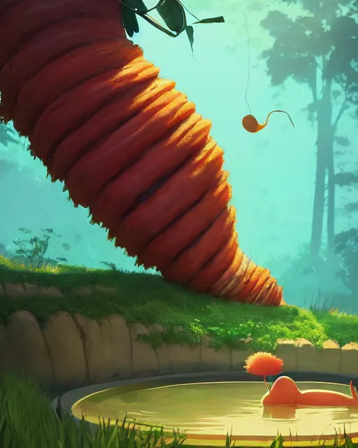 Prompt: a giant caterpillar taking a bath in a well with lush vegetation around in autumn, cory loftis, james gilleard, atey ghailan, makoto shinkai, goro fujita, character art, rim light, exquisite lighting, clear focus, very coherent, plain background, soft painting