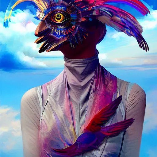 Image similar to beautiful painting of a bird-headed priestess suspended in the glitched sky in the style of Prateep Kochabua, Leonora Karrington, Welder Wings, Hervé Scott Flament, neosurreal digital art, detailed, trending on Artstation