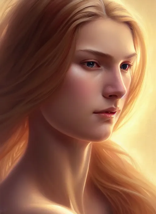 Image similar to beautiful feminine face!! portrait of young wife blessed by god with ever - increasing physical mental perfection, blonde, symmetrical! intricate, sensual features, highly detailed, divine holy perfection!! sci fi, digital painting, artstation, concept art, smooth, sharp focus, illustration, art by artgerm and greg rutkowski and alphonse mucha