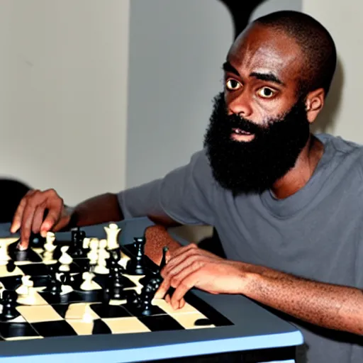 Image similar to MC Ride from Death Grips playing Chess