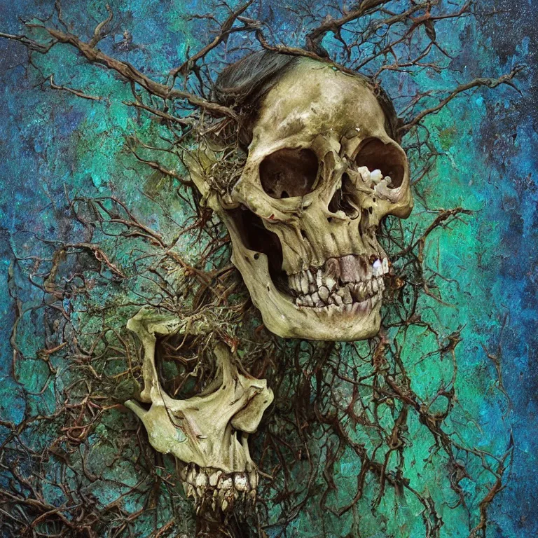 Image similar to A beautiful oil painting hyperrealism of a decayed zombie head, rotting clay skin, skull bones, veins of moss, 8k resolution, octane render, Trending on artstation, by Gediminas Pranckevicius, volumetric light 2blue fractal Thunder glow by dan mumford, anaglyph effect, Laurie Lipton