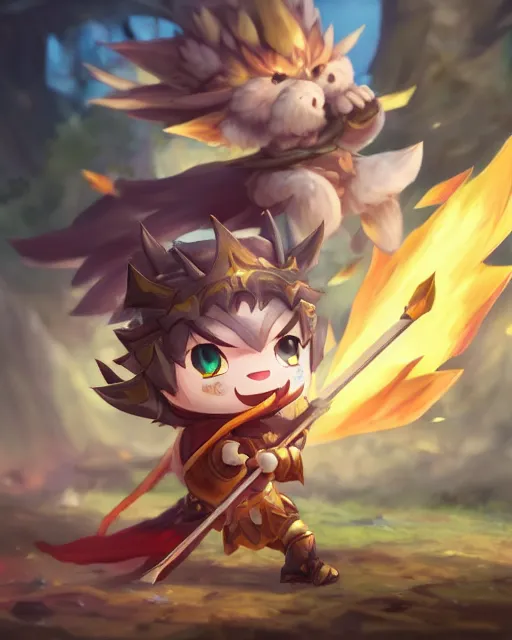 Image similar to oil painting of a cute chibi MapleStory warrior,, attacking, casting a spell with a spear, wearing a MapleStory warrior outfit, sharp focus, fantasy style, octane render, volumetric lighting, 8k high definition, by greg rutkowski, highly detailed, trending on artstation, magic the gathering artwork, Perion background from MapleStory, centered