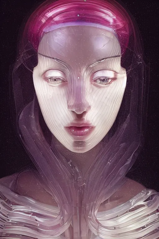 Prompt: a beautiful young woman, a muse of beauty, an android with segmented face and body made of translucent plastic, long flowing cellophane type hair, plastic hood made of glowing material, mechanical internal parts, by Peter Mohrbacher, Jason Felix, furio tedesch, face by ilya kuvshinov, artgerm, cinematic backlit lighting, beauty retouch, symmetric. elite, photo realistic, octane render, hyper real, ultra detailed