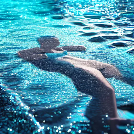 Image similar to water art in the shape of a womens body, on the ocean water, water art, water sculpture, futuristic, glowing, hyper realistic, ray tracing, realistic water splashes, sharp focus, long shot, 8 k resolution, cinematic