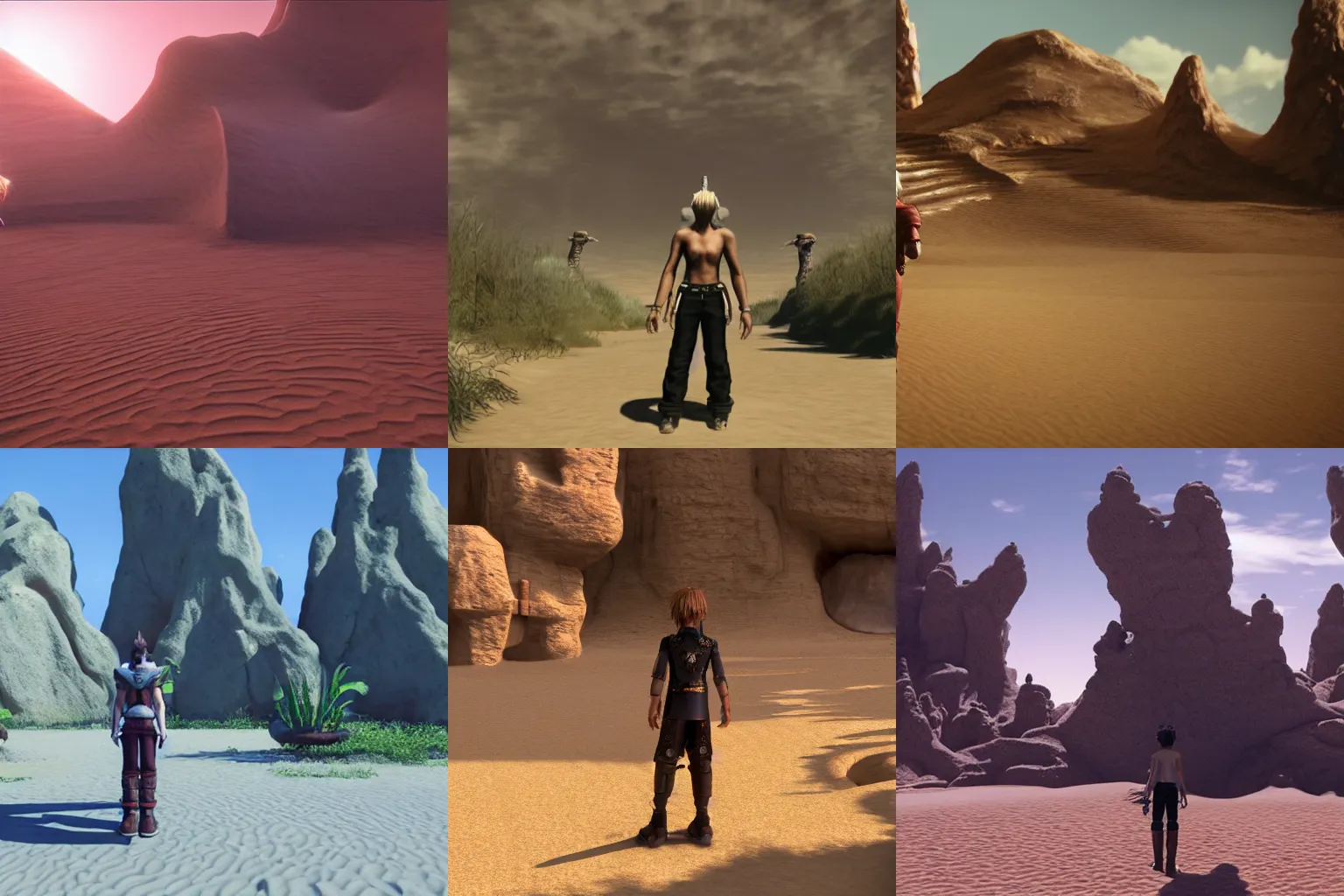 Prompt: a young man standing at the entrance of an isolated sacred spiritual fantasy alien village in a vast sand desert, final fantasy, square enix, squaresoft, jrpg, unreal engine