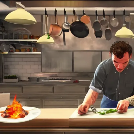 Image similar to GTA 5 photorealistic Gordon Ramsey cooking a unicorn in an intricate kitchen 4k