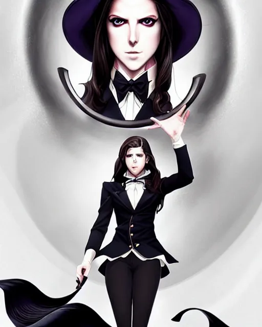 Image similar to ultra realistic, beautiful Anna Kendrick Zatanna DC Comics waist up floating, on stage, symmetrical face symmetrical eyes, smiling, modern anime, fantasy, eerie, intricate details, atmospheric, elegant, super highly detailed, professional digital painting, artstation, concept art, 8k, art by artgerm and eiichiro oda and koyoharu gotouge