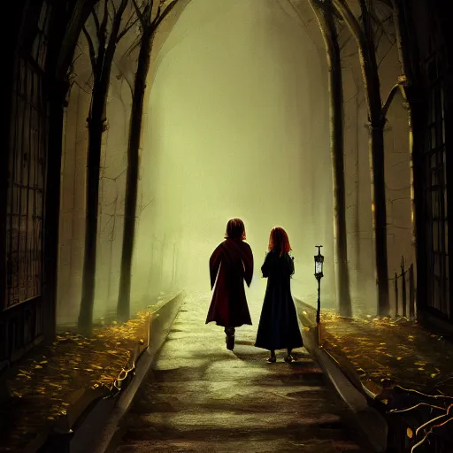 Image similar to harry potter and hermione hand in hand walking in hogwarts yard, elves around, lovely, lightly dark theme, harry potter theme, trending on artstation