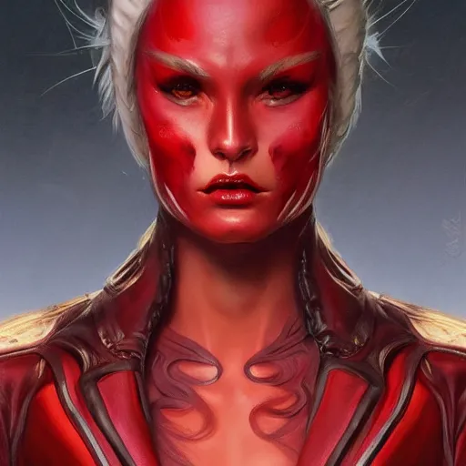 Image similar to portrait of a female demon with red skin wearing a skintight leather jacket holding a sword!!, intricate, elegant, highly detailed, digital painting, artstation, concept art, smooth, sharp focus, illustration, art by artgerm and greg rutkowski and alphonse mucha, 8 k
