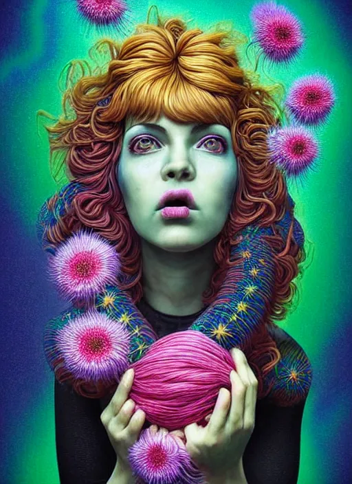 Image similar to hyper detailed 3d render like a Oil painting - Ramona Flowers with wavy black hair wearing thick mascara seen sticking her tongue out Eating of the Strangling network of colorful yellowcake and aerochrome and milky Fruit and Her staring intensely delicate Hands hold of gossamer polyp blossoms bring iridescent fungal flowers whose spores black the foolish stars by Jacek Yerka, Mariusz Lewandowski, silly face, Houdini algorithmic generative render, Abstract brush strokes, Masterpiece, Edward Hopper and James Gilleard, Zdzislaw Beksinski, Mark Ryden, Wolfgang Lettl, Dan Hiller, hints of Yayoi Kasuma, octane render, 8k
