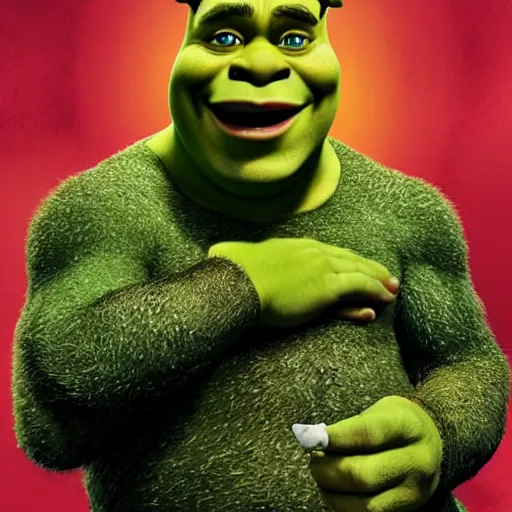 Prompt: Shrek as played by Brad Pitt smirking at the camera,