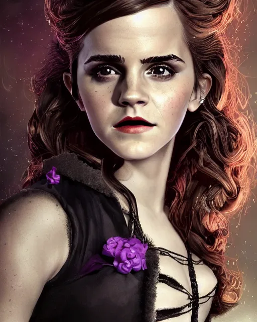 Prompt: full shot portrait painting of very beautiful emma watson standing as black violet maiden in stockings corset noir streets, character design by mark ryden and pixar, ue 5, daz, hyperrealistic, octane render, cosplay, rpg portrait, dynamic lighting, intricate detail, cinematic
