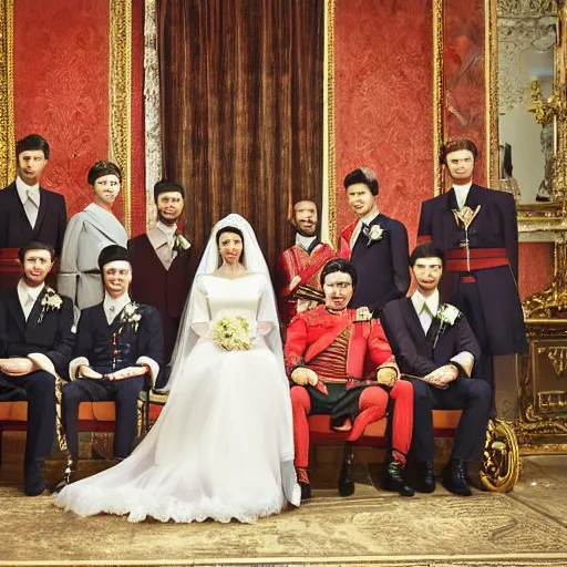 Image similar to a wide full shot, colored russian and japanese mix historical fantasy of a photograph taken of the royal groom and the best men, photographic portrait, warm lighting, 9 0 7 photo from the official wedding photographer for the royal wedding.