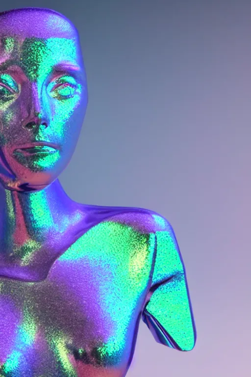 Image similar to 3d render of holographic human robotic bust made of glossy iridescent, bust, surrealistic 3d illustration of a human non-binary, non binary model, 3d model human, cryengine, made of holographic texture, holographic material, holographic rainbow, concept of cyborg and artificial intelligence