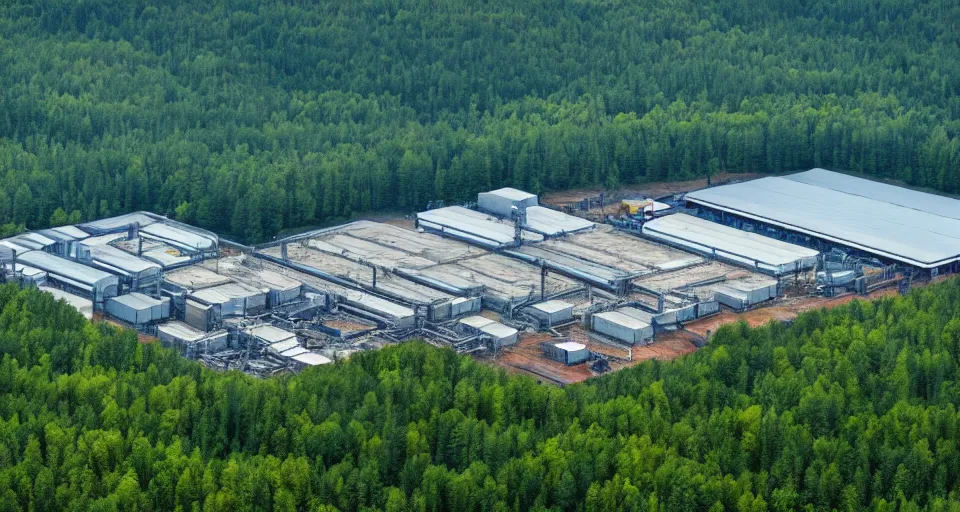 Image similar to large factory in a beautiful forest and undergrowth