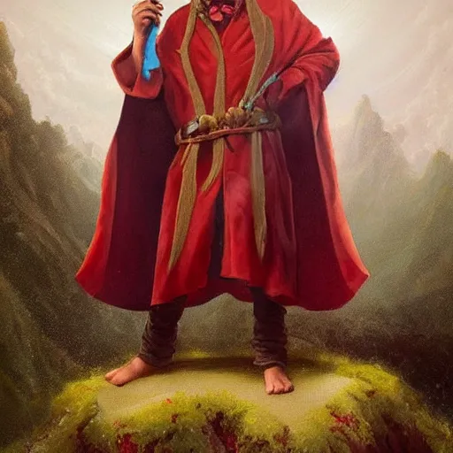 Prompt: stoner King Tommy Chong wears a doublet whilst wearing a red velvet cape and OG Kush Sativa flower calyx trichome crown edward julius detmold jehan choo jeff simpson arkhip kuindzhi raphael lacoste guillem h. pongiluppi grisaille