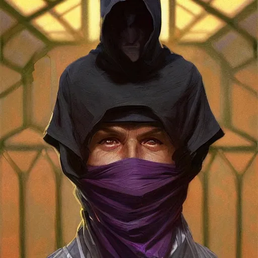 Image similar to ultra realistic illustration, man in a black hood, in a striped purple balaclava, mysterious, highly detailed, digital painting, artstation, concept art, smooth, sharp focus, illustration, art by artgerm and greg rutkowski and alphonse mucha