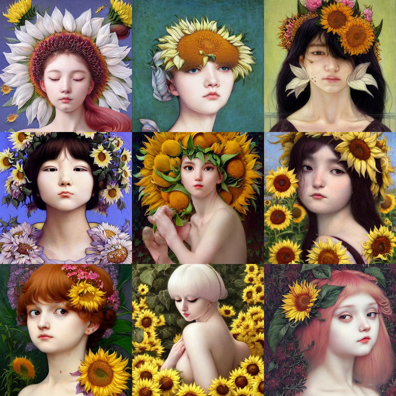 Image similar to white cat girl, botanical, sunflower, portrait face, colorful, frantisek kupka, intricate, miles johnston, kuroda seiki, cynical realism, ozabu, john william godward, painterly, yoshitaka amano, moebius, miles johnston, louise zhang, james jean, mark ryden lowbrow pop surrealism art style