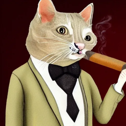 Image similar to an antropomorphic cat wearing a suit smoking a cigar