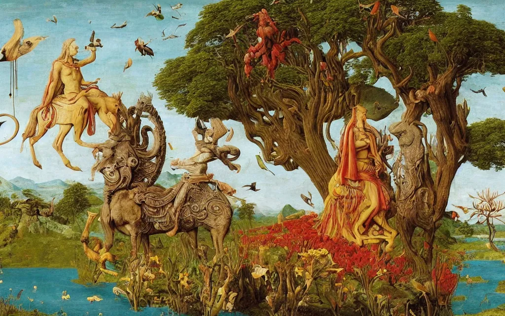 Image similar to a portrait photograph of a meditating sphinx and a centaur king riding birds and feeding animals at a river delta. surrounded by bulbous flowers, animals, trees. mountain range under a vast blue sky of burning stars. painted by jan van eyck, max ernst, ernst haeckel and ernst fuchs, cgsociety, artstation, fashion editorial, 8 k