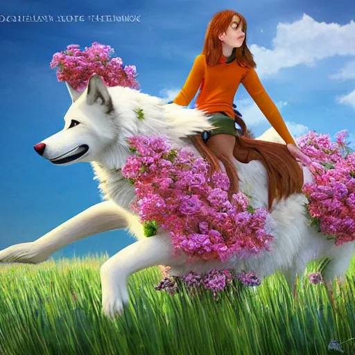 Image similar to girl riding a giant husky in a field of flowers, trending on artstation