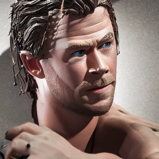 Image similar to animatronic Chris Hemsworth, exposed wires, photo, Stan Winston studios, detailed, 4k