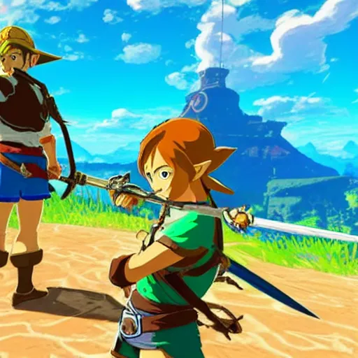 Image similar to a screencap of the legend of zelda breath of the wild, of one piece's luffy in breath of the wild