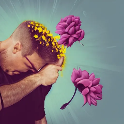 Image similar to man violently farting on a flower, graphic, photorealistic, detailed