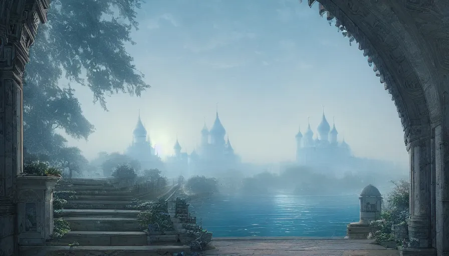 Image similar to vanishing point, palace like the kremlin in distance on a lake is covered with aqua blue roses, viewed from afar, stephen bliss, misty, unreal engine, fantasy art by greg rutkowski, loish, ferdinand knab, and lois van rossdraws,, global illumination, radiant light, minimalist, detailed and intricate environment