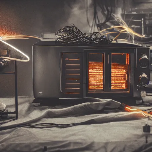 Image similar to toaster oven shangig by metallic cables, symmetry, dark messy smoke - filled cluttered workshop, dark, dramatic lighting, orange tint, sparks, cinematic, highly detailed, sci - fi, futuristic, movie still