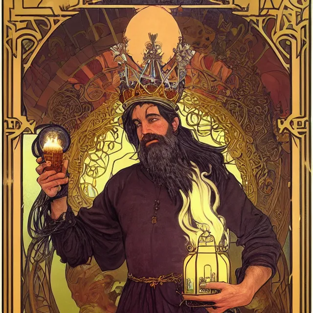 Image similar to an aesthetic! a detailed portrait of a man in a long beard, with a crown, holding a lantern with huge piles of gold in the background, ravens flying overhead by frank frazetta and alphonse mucha, oil on canvas, art nouveau dungeons and dragons fantasy art, hd, god rays, ray tracing, crisp contour lines, huhd