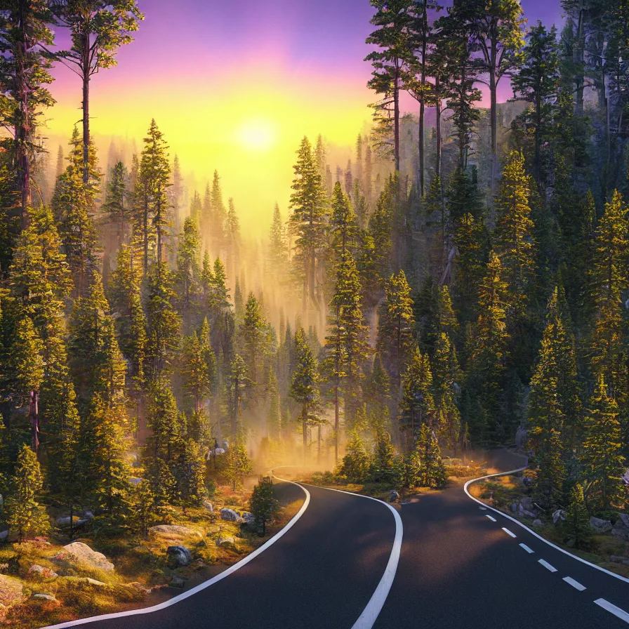Image similar to intricate rendering of a highway road leading to the horizon through a thick pine forest down a rocky mountain coast, the sunset is a giant sun. atmospheric good vibes. colorful psychedelic, ultra realistic, concept art, modern art, photorealistic, octane render, 8 k, unreal engine. art by nori inoguchi and sam kaplan and zachary goulko and christopher marley