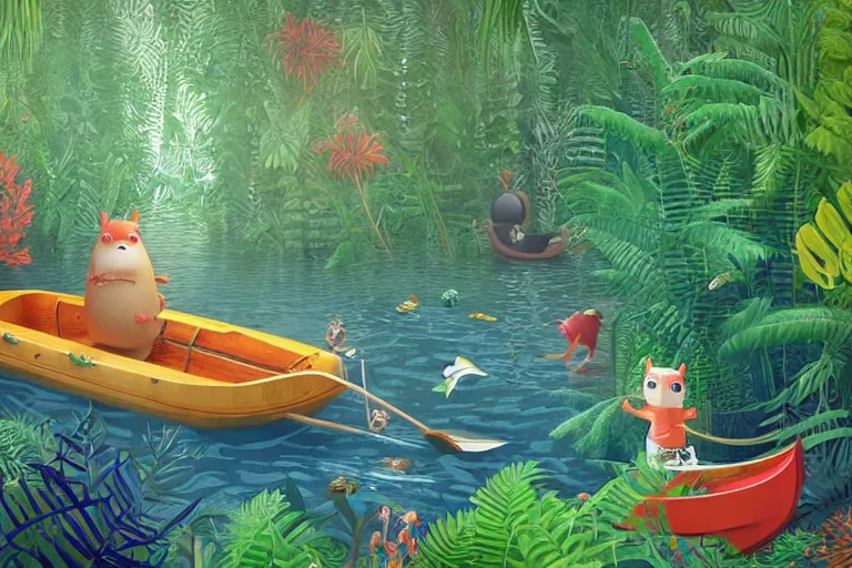 Prompt: unusual animal in boat surrounded by ferns, jungle, hyper detailed, unreal engine render concept art, style of henri rousseau and richard scarry and hiroshi yoshida