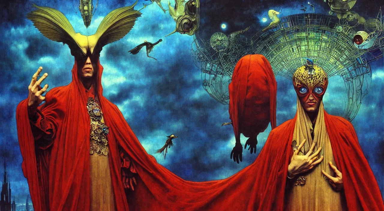 Image similar to realistic detailed portrait movie shot of a birdman wearing dark robes, sci fi city landscape background by denis villeneuve, amano, yves tanguy, alphonse mucha, ernst haeckel, max ernst, roger dean, masterpiece, rich moody colours, blue eyes, occult