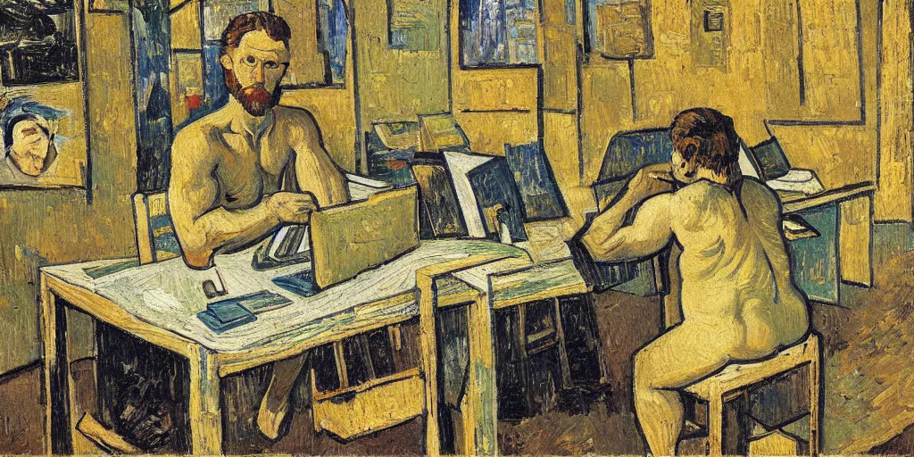 Image similar to a greek god sitting at his desk on the surface of the moon, national geographic, detailed, oil painting, vincent van gogh, gaugin, modigliani