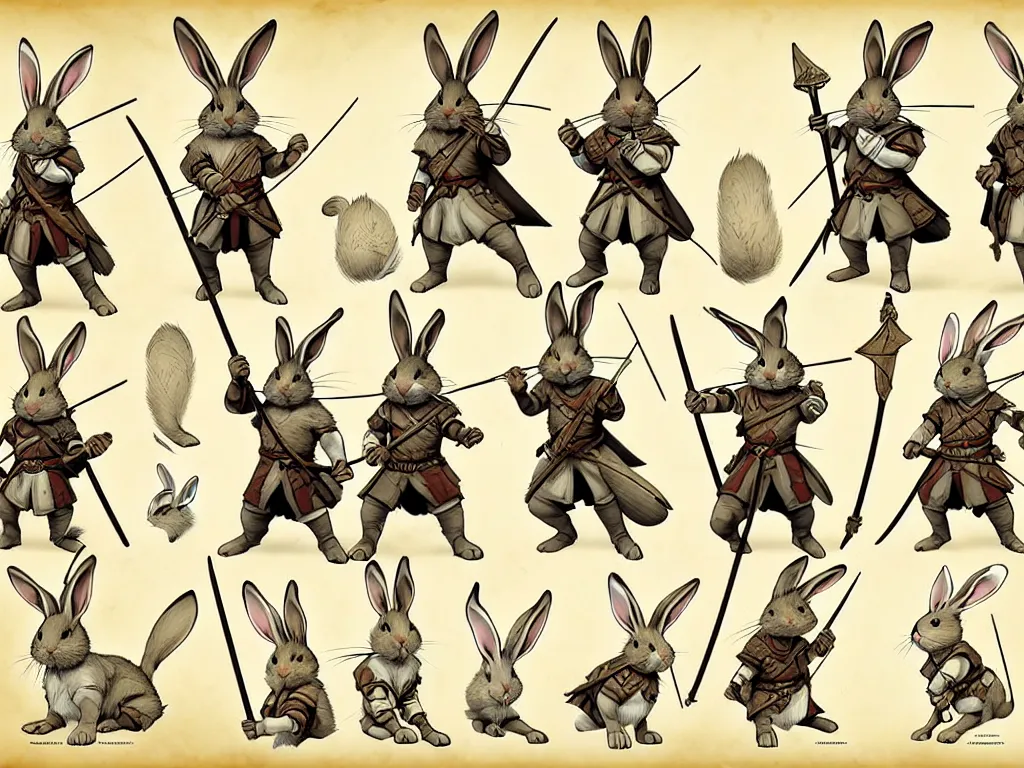 Image similar to character design sheet for a group of heroic rabbit archers on a parchment background, redwall, greg rutowski and jean baptiste monge, very very detailed, epic fantasy concept art