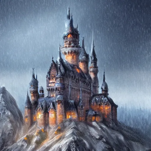 Prompt: a digital painting in the style of ilya lushnikov of a magnificent light grey high fantasy castle on top of a mountain. below is a bustling town filled with people, artstation, rainy weather, brushtrokes